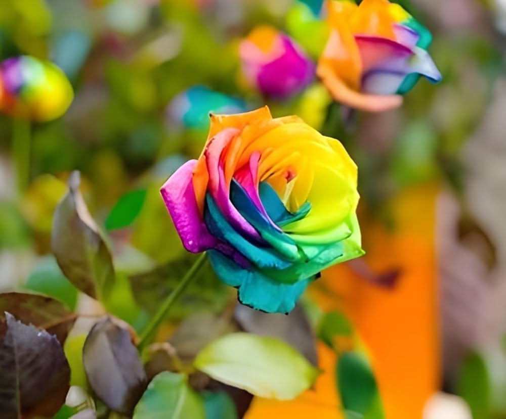 Rainbow rose blossoms from bonsai potted seeds with multicolored layered petals