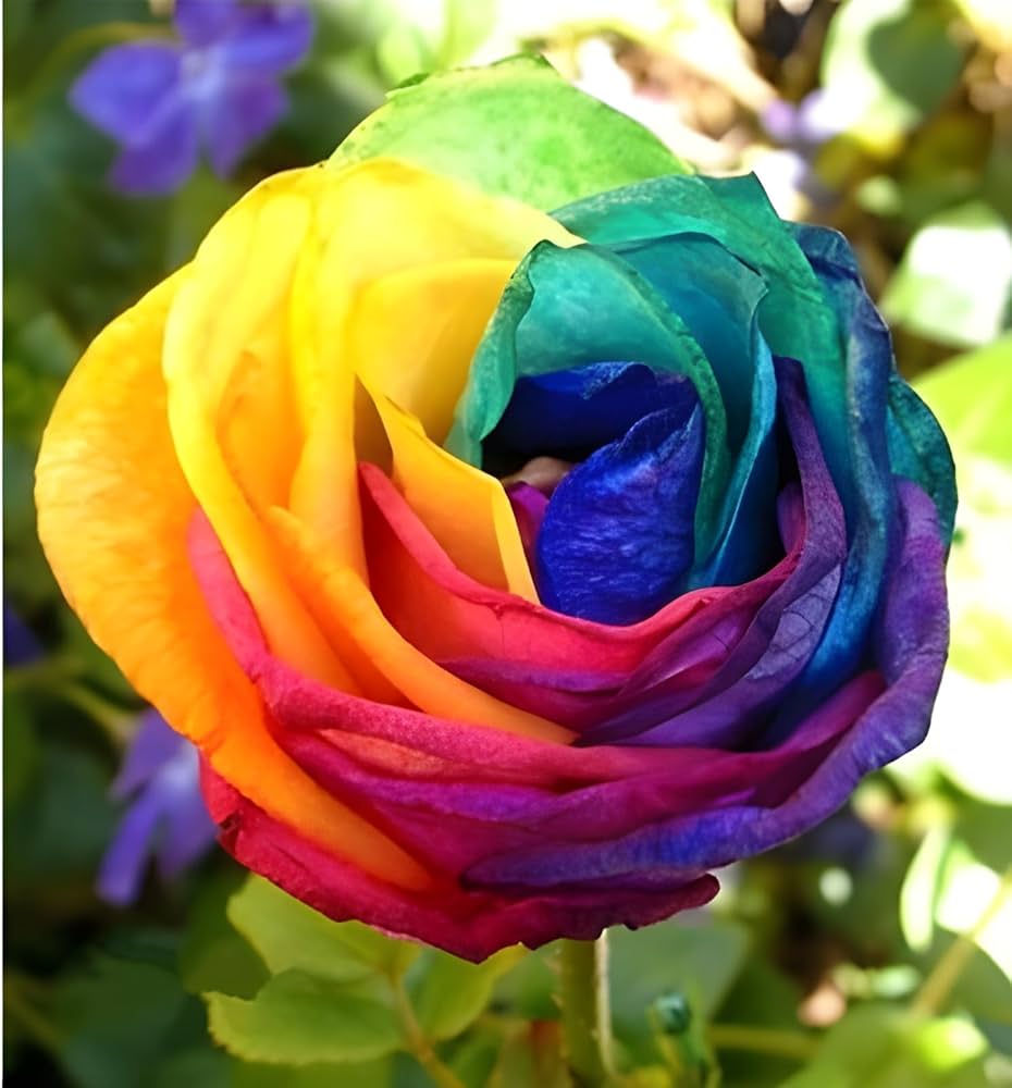 Rainbow rose flowers grown from seeds with multicolored petals in vivid rainbow hues
