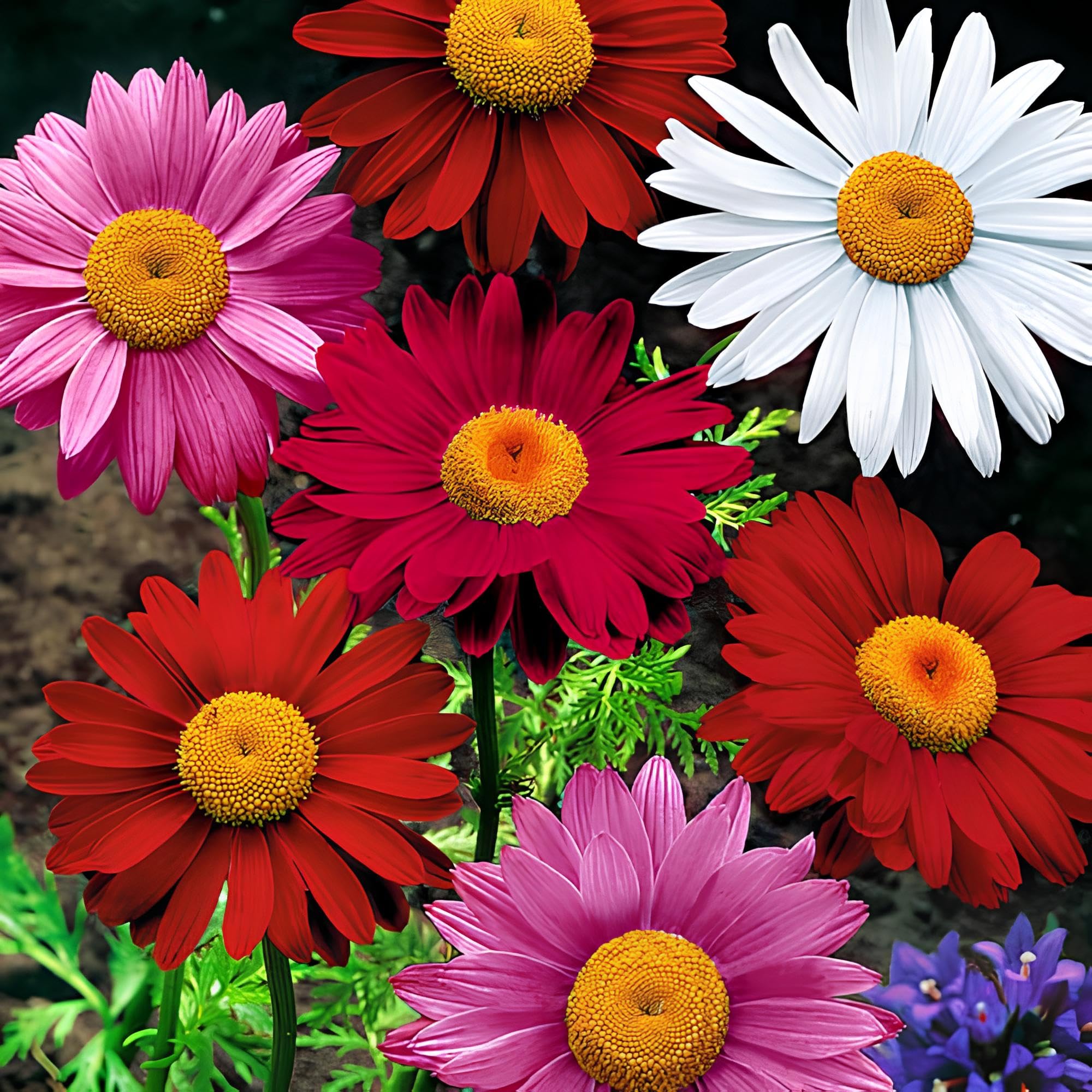 Pyrethrum Robinsons colorful flowers mix grown from seeds with daisy-like blooms in vibrant shades
